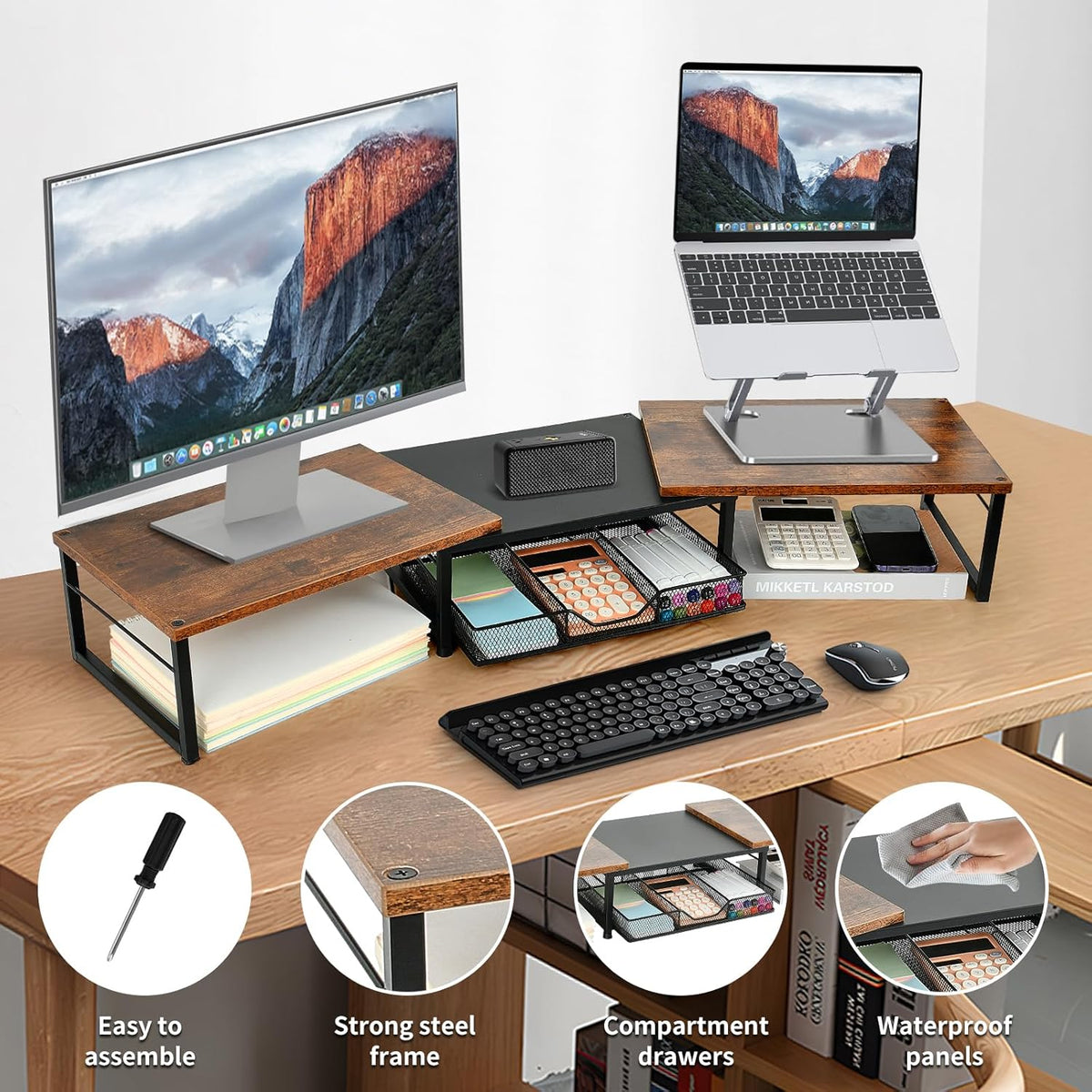 Dual Monitor Stand Riser, Desk Organizer with Drawer, Desk Organizers and Accessories, Workspace Organization Computer Monitor Stand for Laptop, Printer, TV, Office Supplies, Rustic Brown