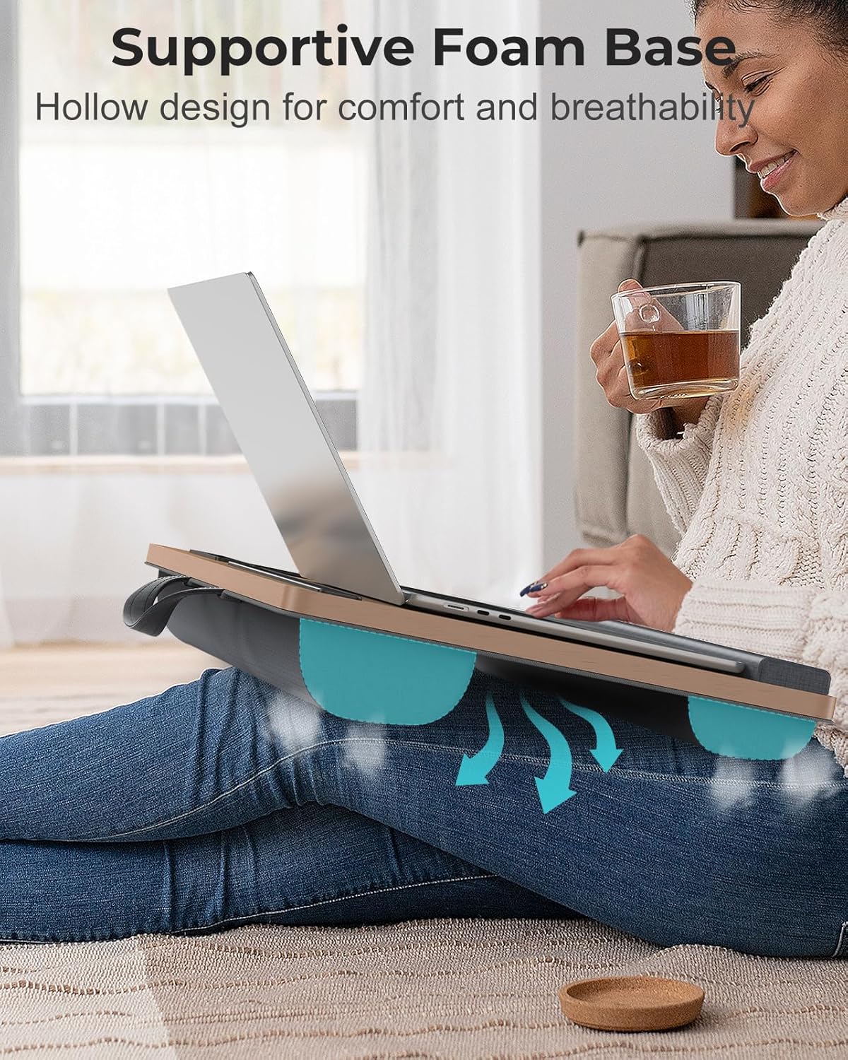 Lap Desk - Up to 17” Laptop Tray with Wrist Rest, Portable Handle, Fixed Mouse Pad, Tablet & Phone Slots, Laptop Stand for Bed with Cushion (Dark Brown Woodgrain)