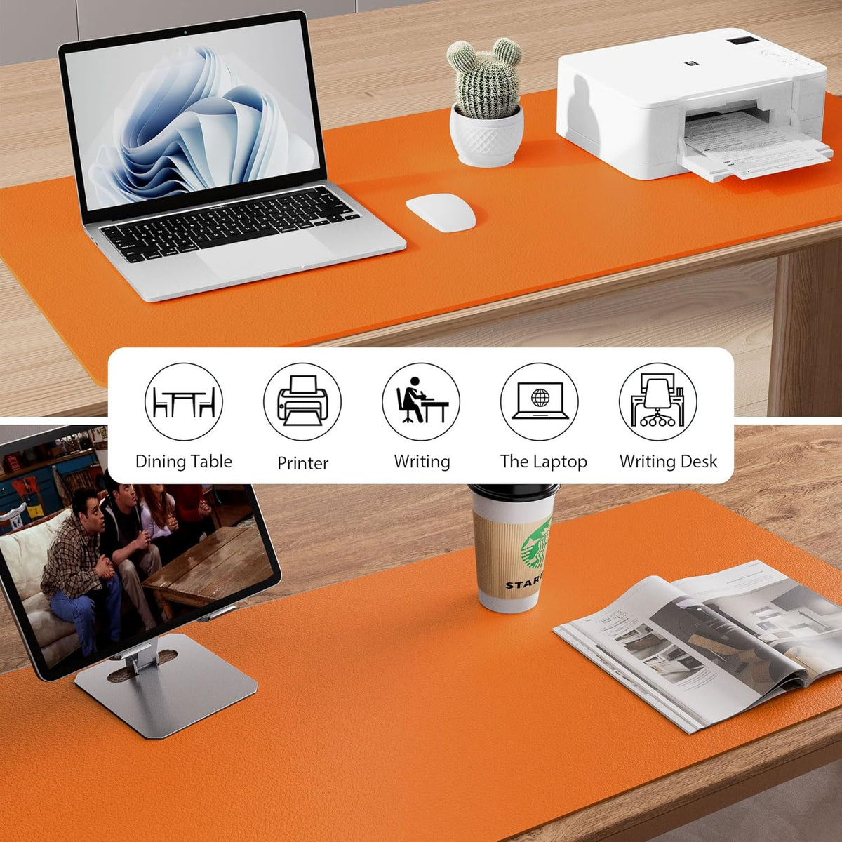 Aothia Leather Desk Pad Protector, Office Desk Mat, Large Mouse Pad, Non-Slip PU Leather Desk Blotter, Laptop Desk Pad, Waterproof Desk Writing Pad for Office and Home (48"x17", Hermes Orange)