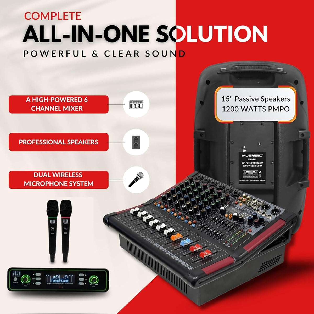 MUSYSIC Portable PA System with Wireless Microphone and Speakers – 6 Ch Audio Mixer with Built-in 2000W Amp & Wireless UHF Microphone System, Multiple Inputs, Complete w/Stands - 15" Speaker 1200W