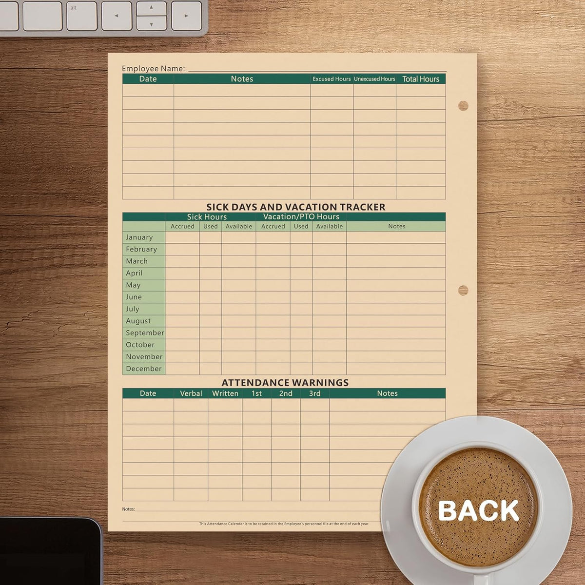 2026 Attendance Calendar Employee Work Tracker Attendance Calendar Cards - 8.5 X 11 Inches Durable and Thick Cardstock/25 Sheets per Pack (Green)