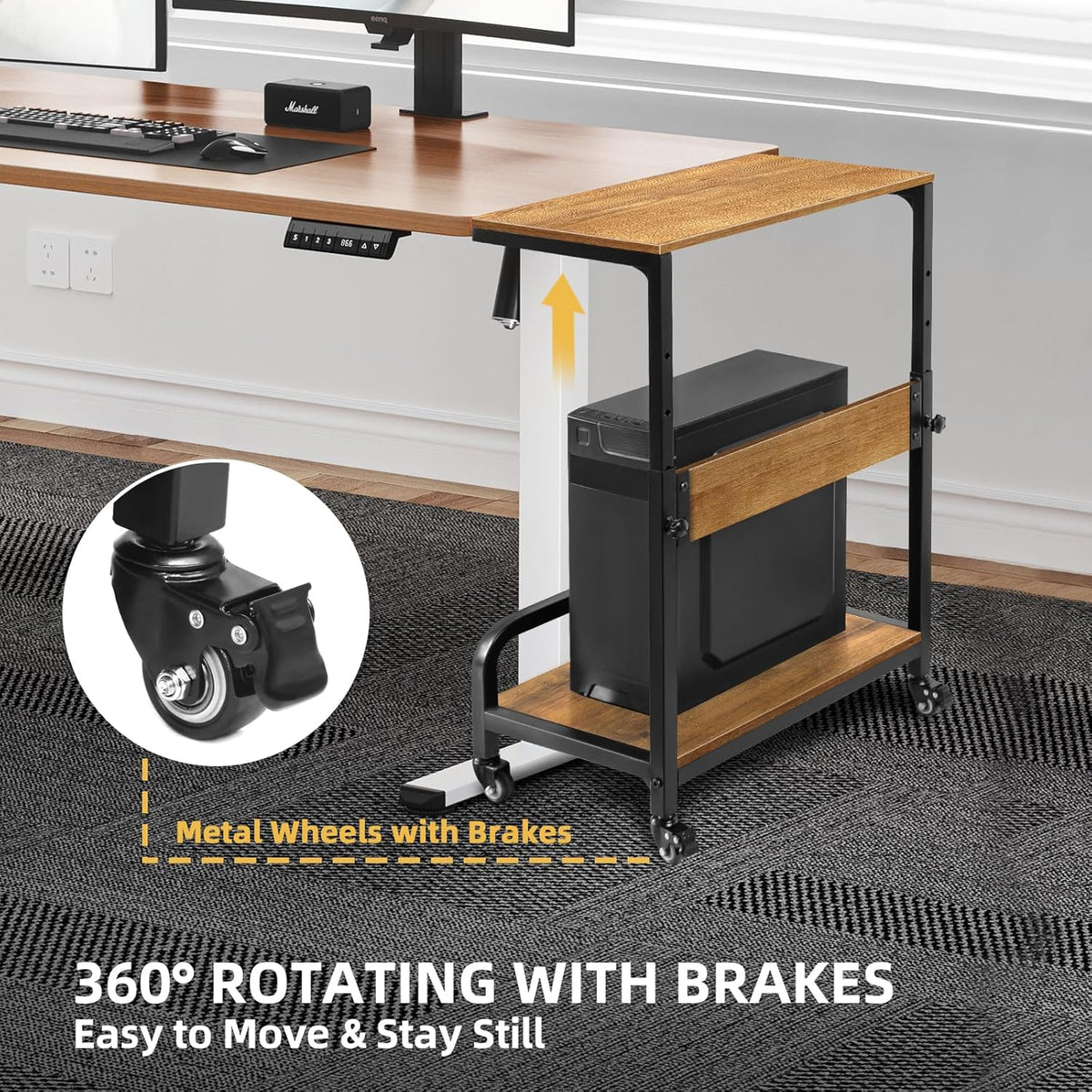 Computer Tower Stand Adjustable 2 Tier for ATX Extra Large CPU Floor Stand PC Tower Stand CPU Holder Cart with Guard Rail Metal Locking Wheels 32.7" X 21.6" X 15.8",Walnut