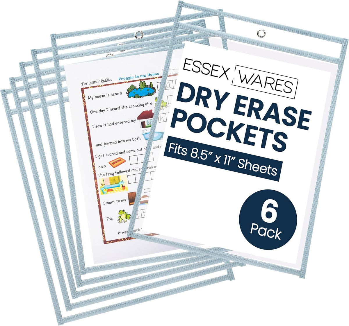 Essex Wares - 6 Pack, Light Gray, Water-Resistant Dry Erase Pocket Document Protectors, 10" Wide x 13.5" Tall - Dry Erase Clear Plastic Sleeves - Reusable & Easy Erase Plastic Invoice Holders