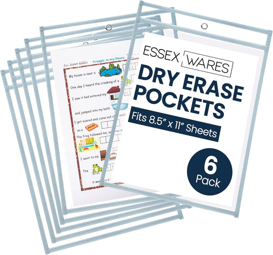 Essex Wares - 6 Pack, Light Gray, Water-Resistant Dry Erase Pocket Document Protectors, 10" Wide x 13.5" Tall - Dry Erase Clear Plastic Sleeves - Reusable & Easy Erase Plastic Invoice Holders