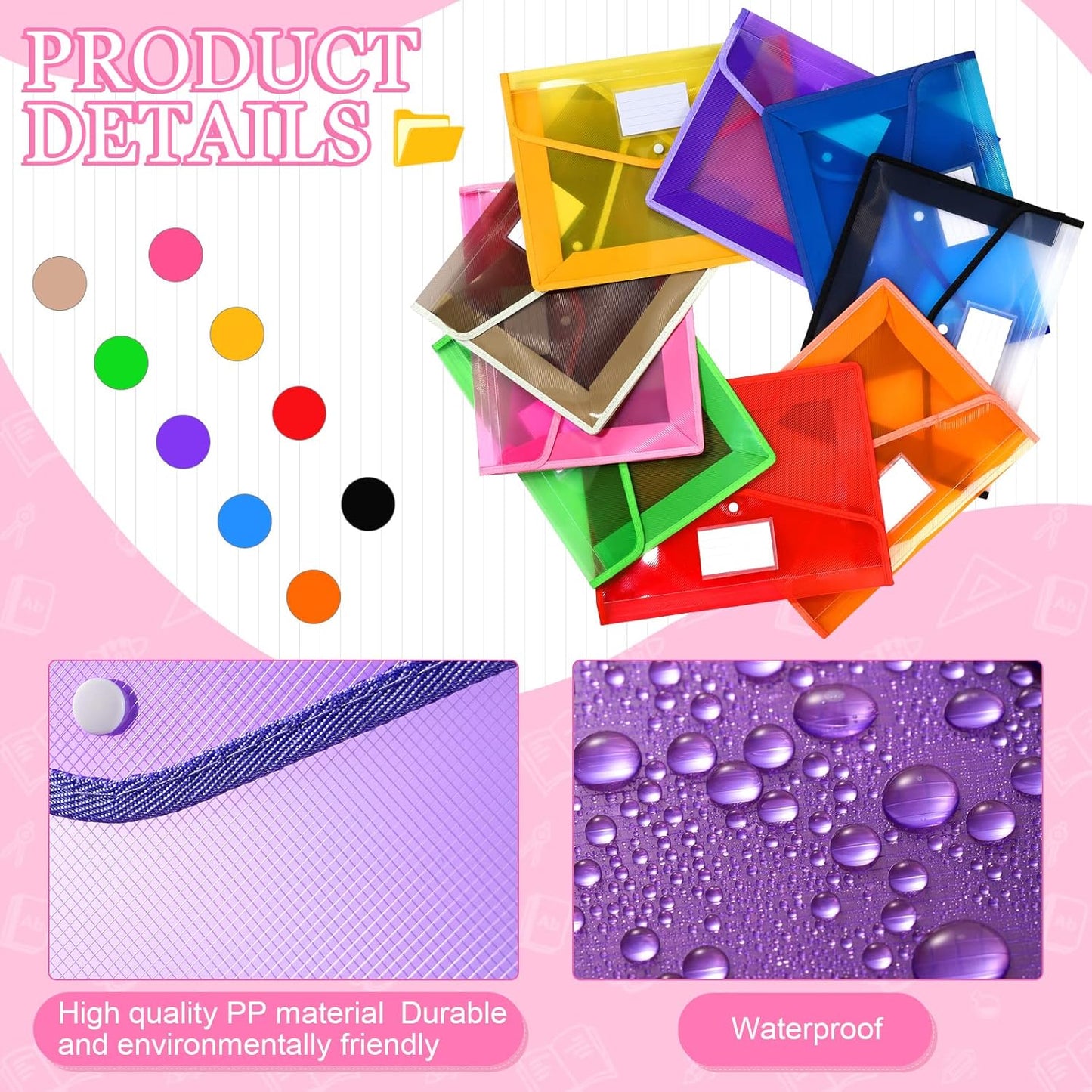 B4 Plastic Expanding File Folders Wallet for School Classroom Envelope File Folder Document Organizer Colorful Receipt Organizer with Snap Closure for Office(Bright Color,27 Pack)