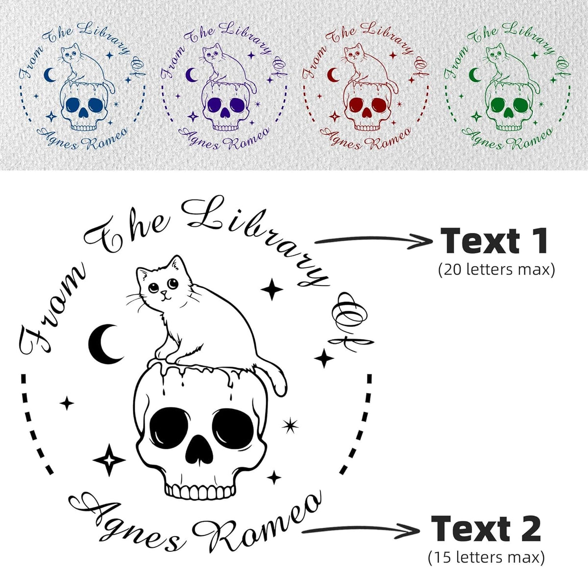 Skull Themed Library Book Embosser， Custom Book Business Card Paper Document Notebook, Self Inking Stamp，Book Lover Gifts，Christmas Gifts (Style16)