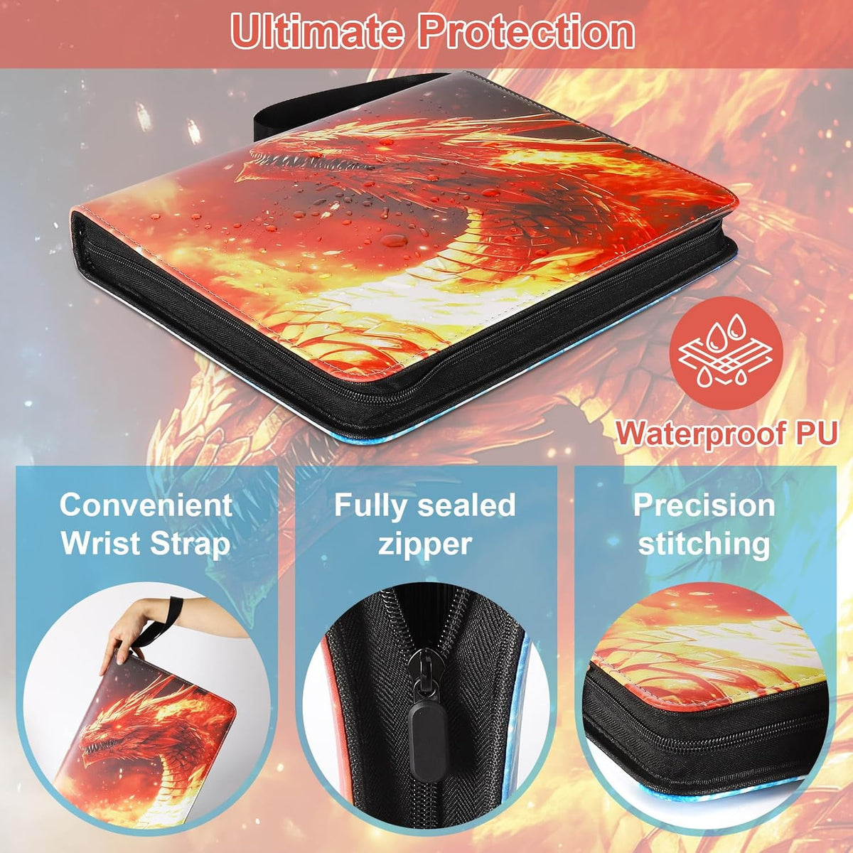 Fire & Ice Dragon 9 Pocket Trading Card Binder Album, Holds 900 Cards with 50 Removable Double-Sided Sleeves, Waterproof PU Leather Zipper Binder for TCG, MTG, Sports Cards