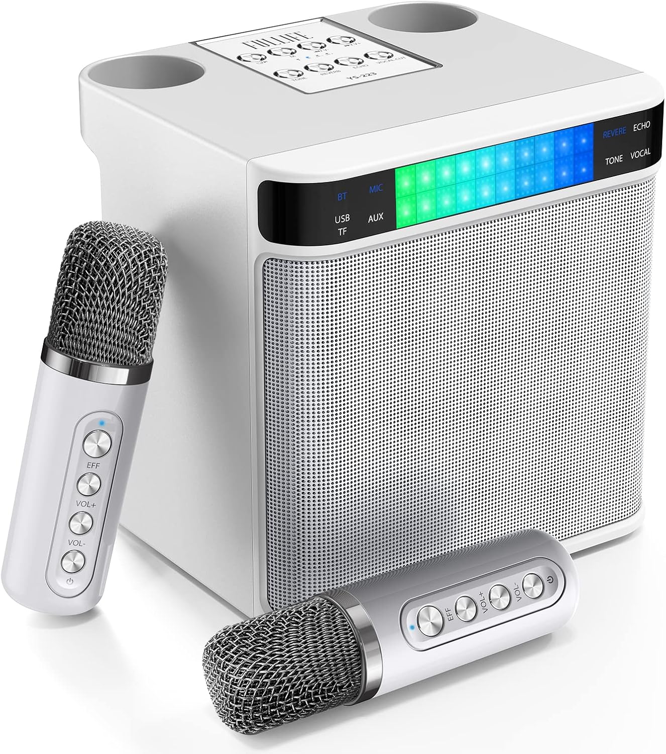 Karaoke Machine with 2 Wireless Microphones, FULLIFE 2024 3000mAh Portable Bluetooth Karaoke Speaker for Adults/Kids, PA System with RGB Light, Echo, Support TF/USB/AUX, Home Karaoke Set for Parties