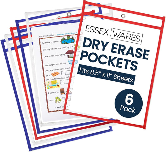 Essex Wares - 6 Pack, Red, White, & Blue, Water-Resistant Dry Erase Pocket Document Protectors, 10" Wide x 13.5" Tall - Dry Erase Clear Plastic Sleeves - Reusable & Easy Erase Plastic Invoice Holders