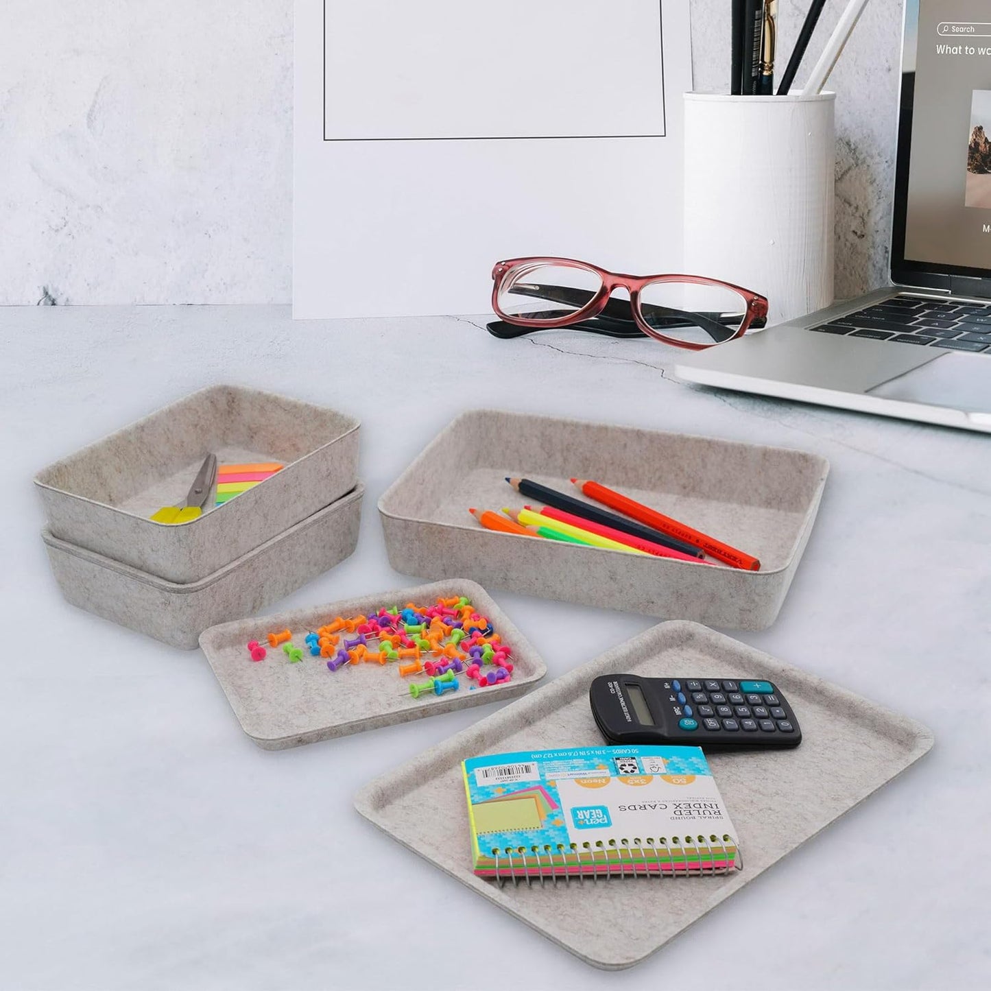 Welaxy Lidded Felt Drawer Organizer Trays with lids Desktop Organizer Bins Storage box for crafts office supplies pen notes Junk Makeup Stationery Organize 3- Pack (Oatmeal)