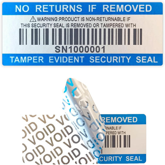 250pcs Tamper Proof Barcode Stickers,Security Label, Warranty Void Sticker with Individual Serial Number,Sealing Label for Package(2x0.8 inches,Blue)