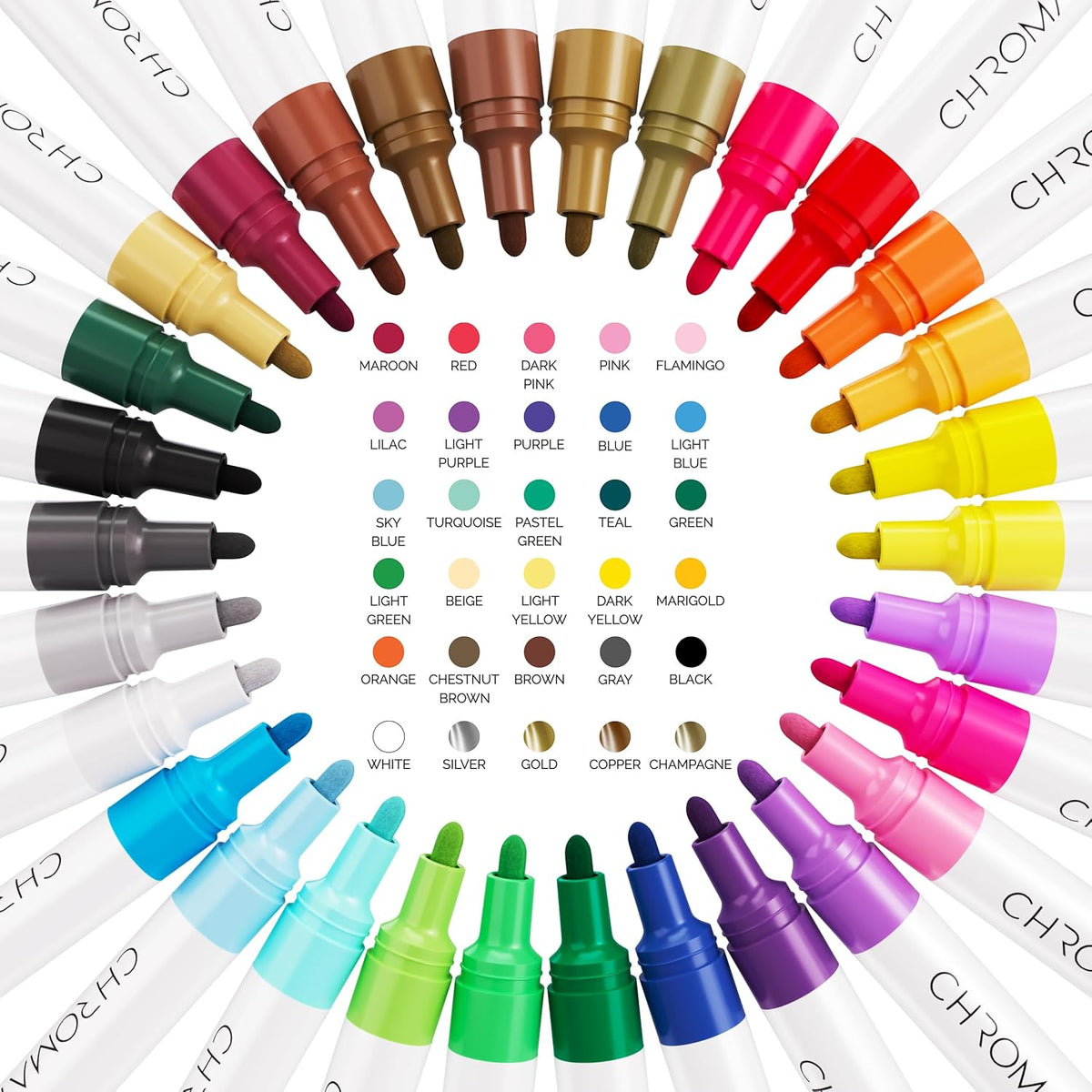 CHROMATEK Dual Tip Oil Based Paint Markers - 30 Colors Permanent Paint Pens for Rock Painting, Canvas, Glass, Wood, Stone & DIY Art Supplies - Quick Drying Waterproof Pen with Video Tutorials & Ebook