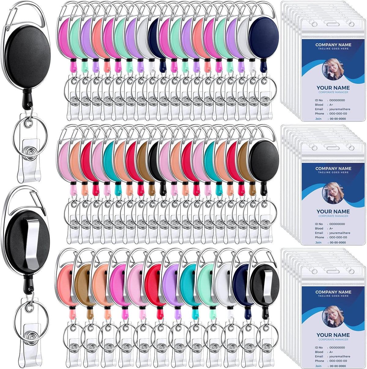 Laumoi 60 Pack Heavy Duty Retractable Badge Holder Reel with Belt Clip Keyring and Waterproof Vertical ID Card Holders for ID Name Card Keychain Badge (Colorful)