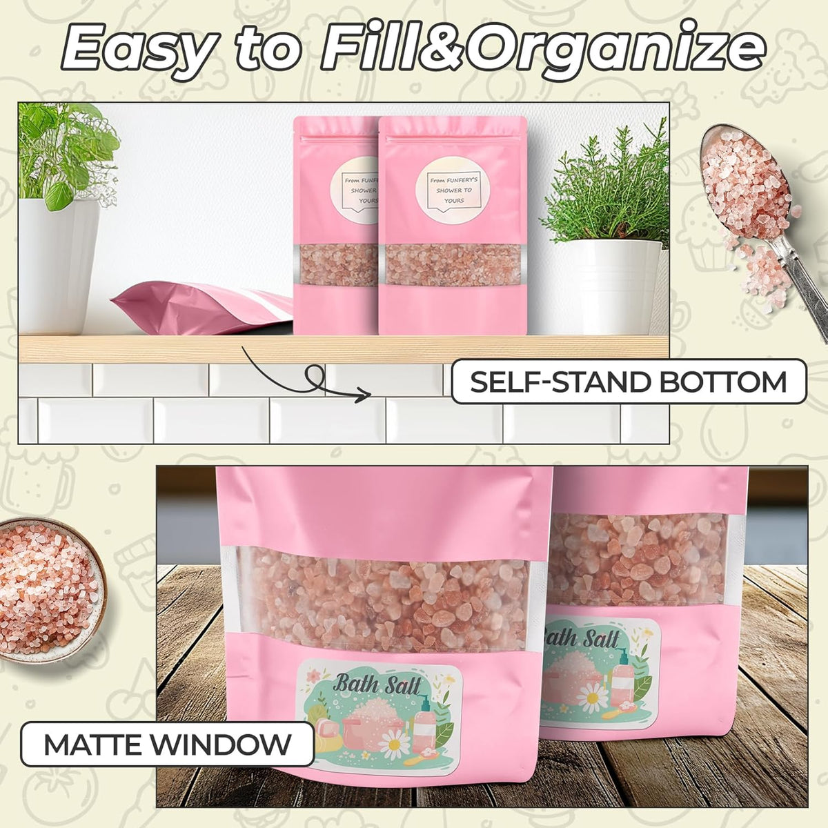 Funfery 100 Pcs Smell Proof Packaging Bags,Mylar Clear Bags for Food Storage,Sealable Bag for Packaging,Stand Up Pouches with Window,ReSealable Bag for Small Business,Cookies,Candy(Pink,4x6in)