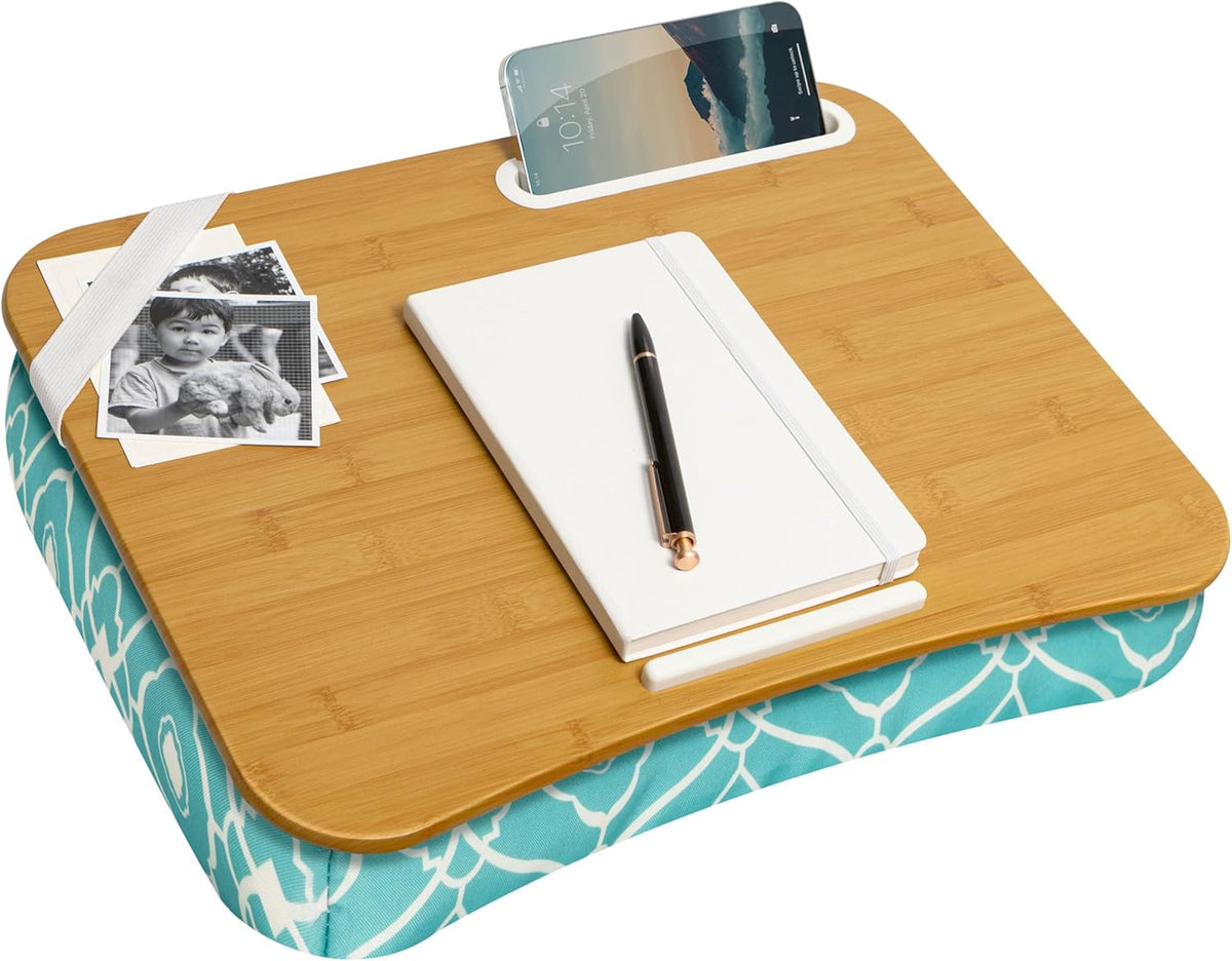 LAPGEAR Designer Lap Desk with Phone Holder and Device Ledge - Aqua Trellis - Fits up to 15.6 Inch Laptops - Style No. 45422