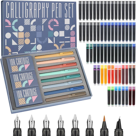 GC QUILL Calligraphy Pen Set 74pcs- 8 Calligraphy Fountain Pens with Varied Nibs, 66 Ink Cartridges(14 Colors)-Writing, Drawing, Calligraphy Practice for Beginner GC-F866