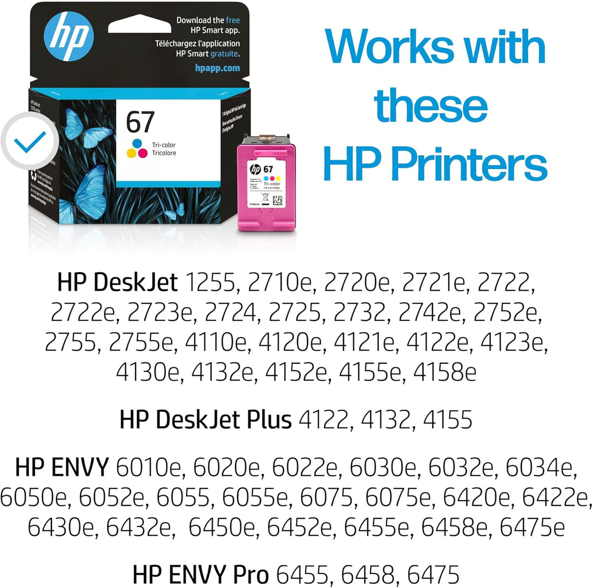 HP 67 Tri-Color Ink Cartridge for HP Printers | Works with DeskJet 1255, 2700, 4100 Series; ENVY 6000, 6400 Series | Eligible for Instant Ink | 3YM55AN