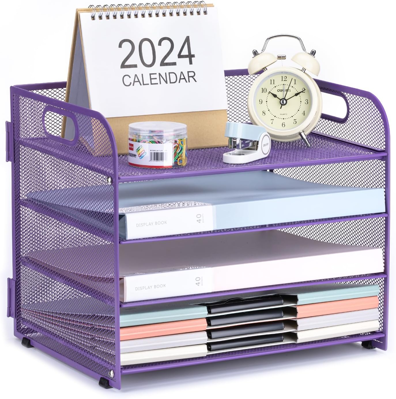 4-Tier Desk Organizer Paper Tray, Desk File Organizer with Handle, Mesh Desk Organizer Letter File Stackable Trays for Home Office Supplies and Accessories - Purple