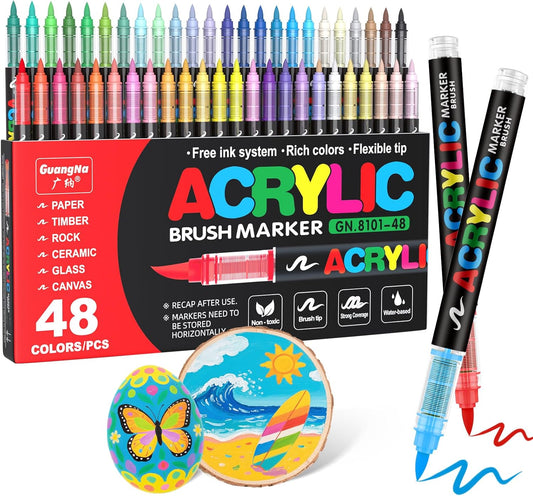Guangna Acrylic Paint Markers Brush Tip, 48 Vivid Colors with Direct-Liquid Ink System, Professional-Grade Paint Pen for Rock Painting, Canvas, Glass, Plastic, Fabric & Creative Crafts