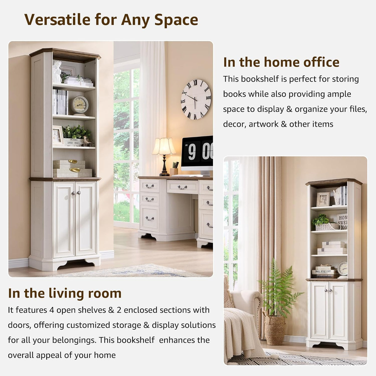 T4TREAM 6-Tier Bookshelf with Storage, 72" Tall Farmhouse Bookcase with Doors and Adjustable Shelves, Wooden Floor Standing Display Book Shelf Organizer for Home Office, Antique White