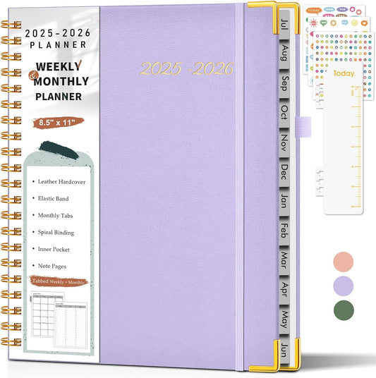 Academic Planner 2025-2026, Weekly and Monthly Calendar Planner from July 2025 - June 2026, 8.5" x 11" Hardcover Leather Hourly Appointment Book with Tabs, Spiral Daily Planners for College School Teacher Student, Purple