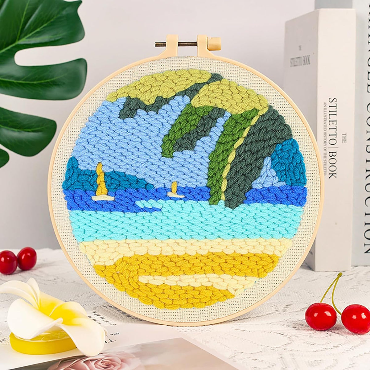 Punch Needle Kits Adults Beginner DIY Hawaiian Style 8 in Hoop Embroidery Set Starter Punch Needle Tool for Art Crafts, Ideal for All Ages, Perfect Festival Decoration & Gift (Blue sea and Sky)