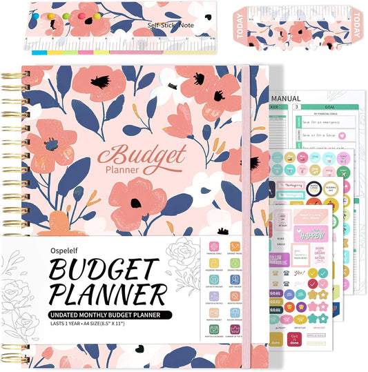 Ospelelf Budget Planner - Monthly Budget Book with Expense Tracker Notebook, Undated 12 Month Bill Organizer & Finance Planner, A4 Account Book with 12 Index Pockets, Zipper Pouch, Stickers Floral 2
