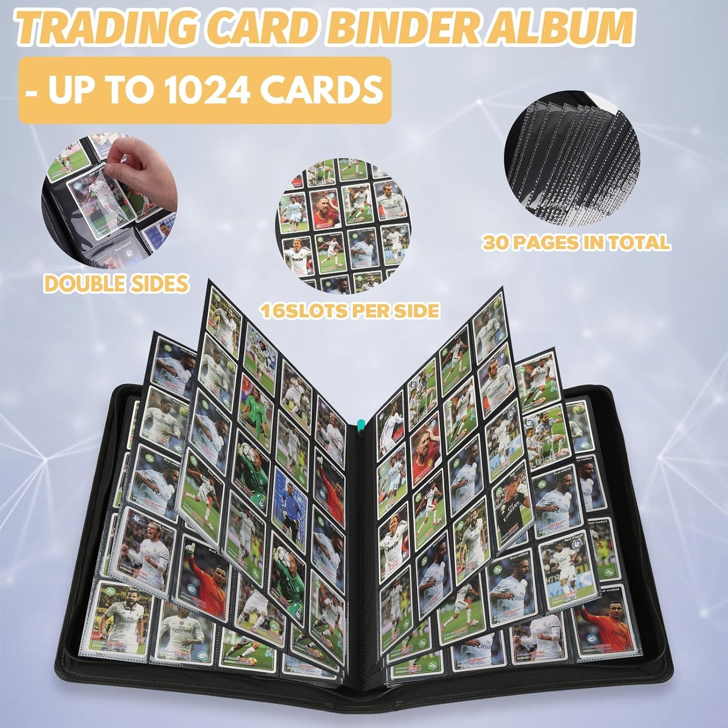 Trading Card Binder 16 Pocket, GERMUN PU Cover Card Binder for 1000+ Cards, Premium Trading Card Holder Folders, Double Sided Pocket Card Album for MTG, TCG (Lake Blue)
