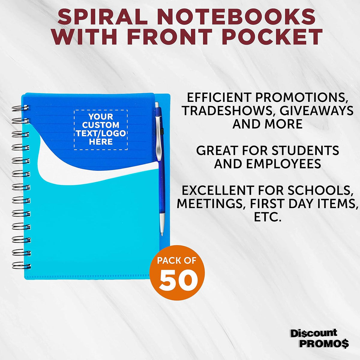 DISCOUNT PROMOS Custom Spiral Notebooks with Front Pocket Set of 50, Personalized Bulk Pack - Durable Plastic Cover, Includes Matching Pen in Blank Ink, Perfect for School, Office, Home - Blue