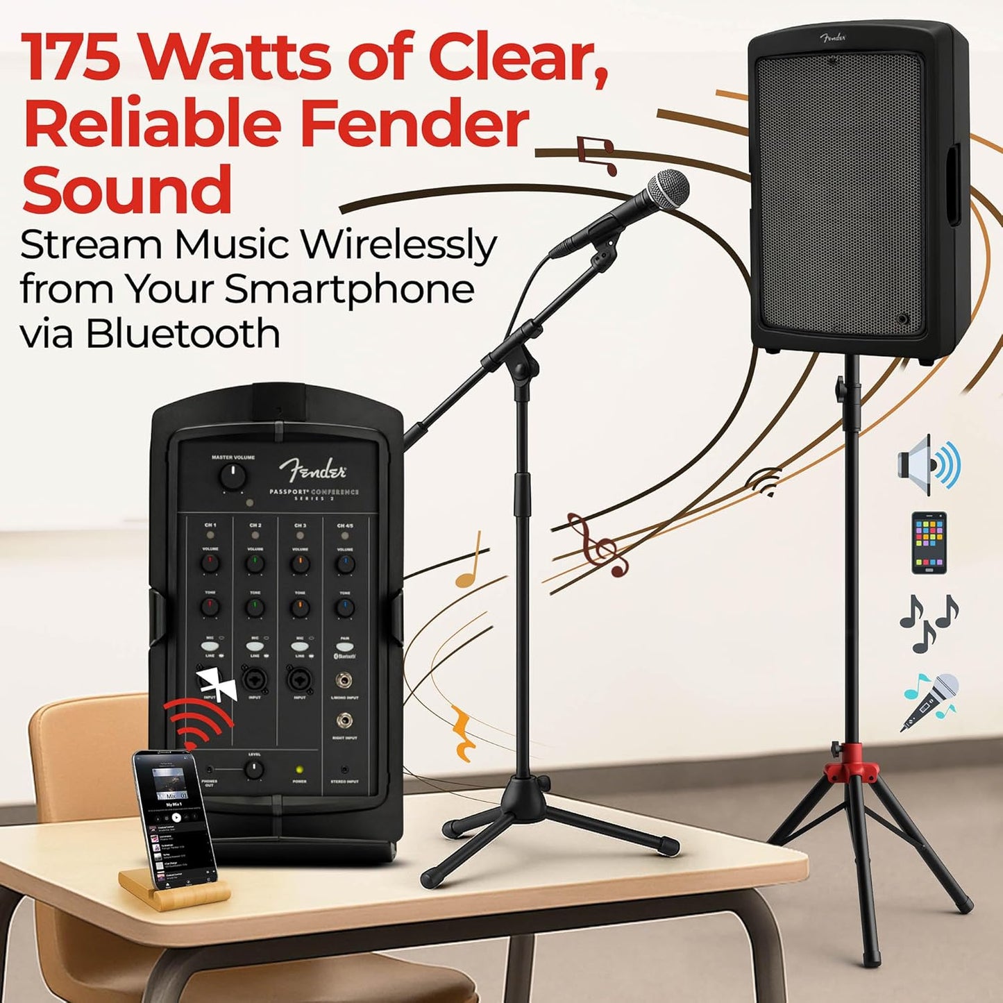 Fender Passport Conference S2 Portable PA System Bundle with Microphone, Compact Speaker Stands, XLR Cable, and Instrument Cable