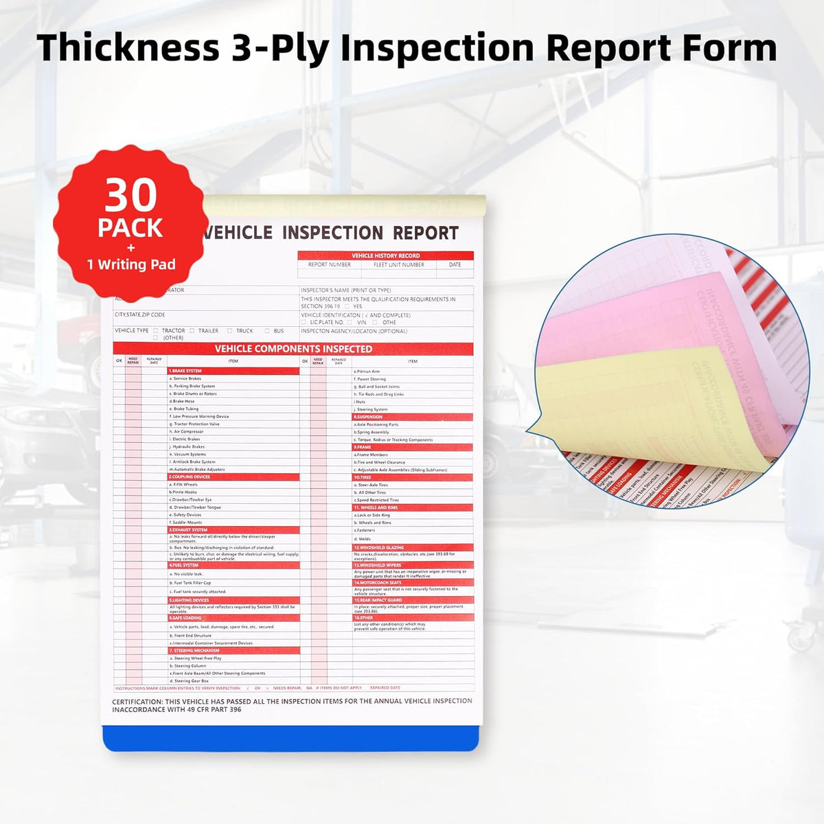 30-Pack Annual Vehicle Inspection Report Form, 3-Ply Carbonless Form and Hardboard, Includes 30-Pk 2-Ply FMCSA Vinyl Adhesive Label for Annual Inspections, DOT Compliant