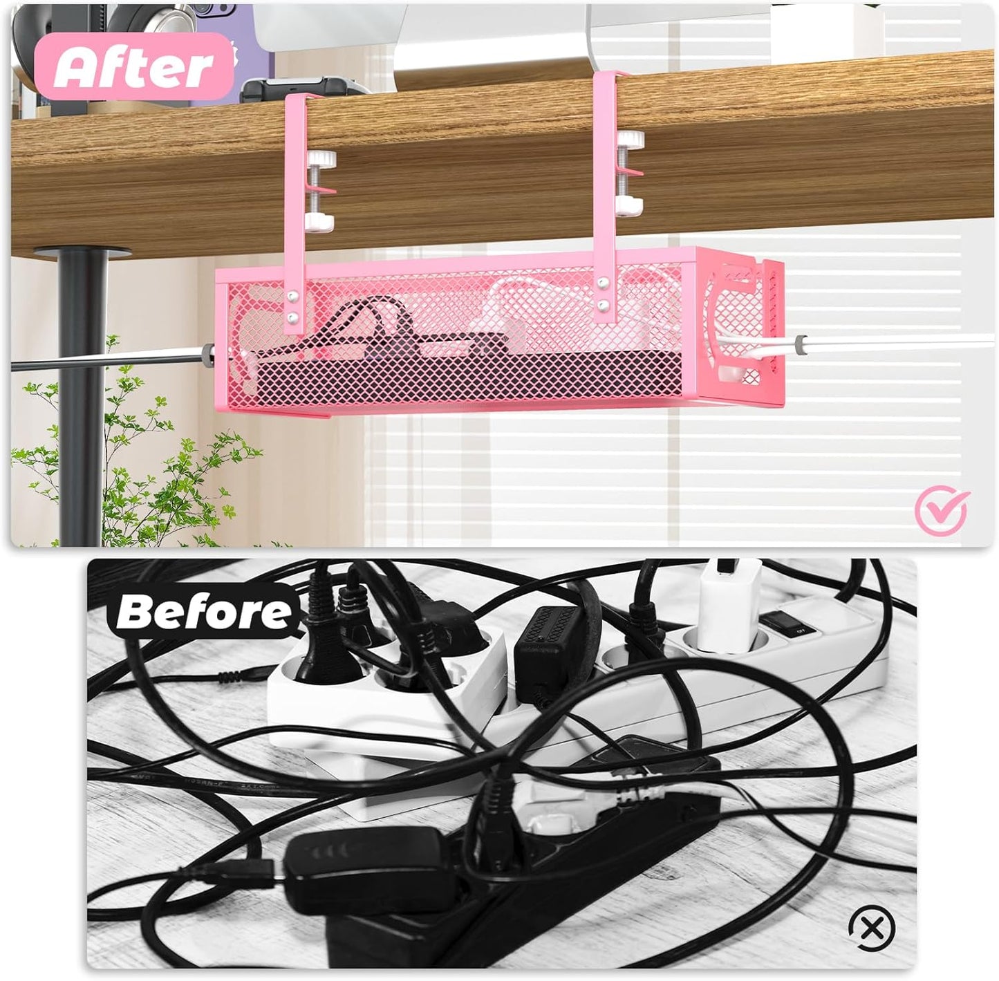 Under Desk Cable Management Tray, 15.7'' No Drill Steel Desk Cable Organizers, Wire Management Tray Cable Management Rack Cord Storage(1 Pack-Black)