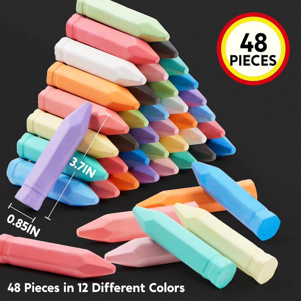 JOYIN 48 PCS Cone Shaped Washable Sidewalk Chalks Set, 12 Colors, Non-Toxic Jumbo Chalk Set for Art Play, Sidewalk Colored Outside Washable Set for Summer Outdoor Games and Chalkboard Drawing