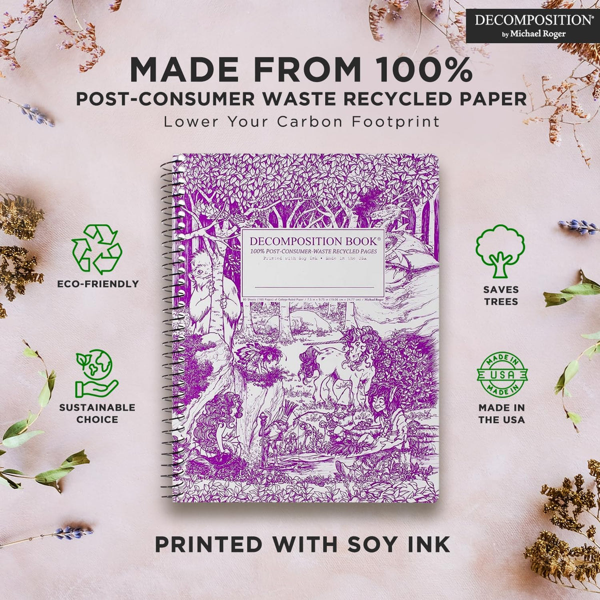 Decomposition Fairy Tale Forest College Ruled Spiral Notebook - 9.75 x 7.5 Journal with 160 Lined Pages - 100% Recycled Paper - Cute Notebooks for School Supplies, Home & Office - Made in USA
