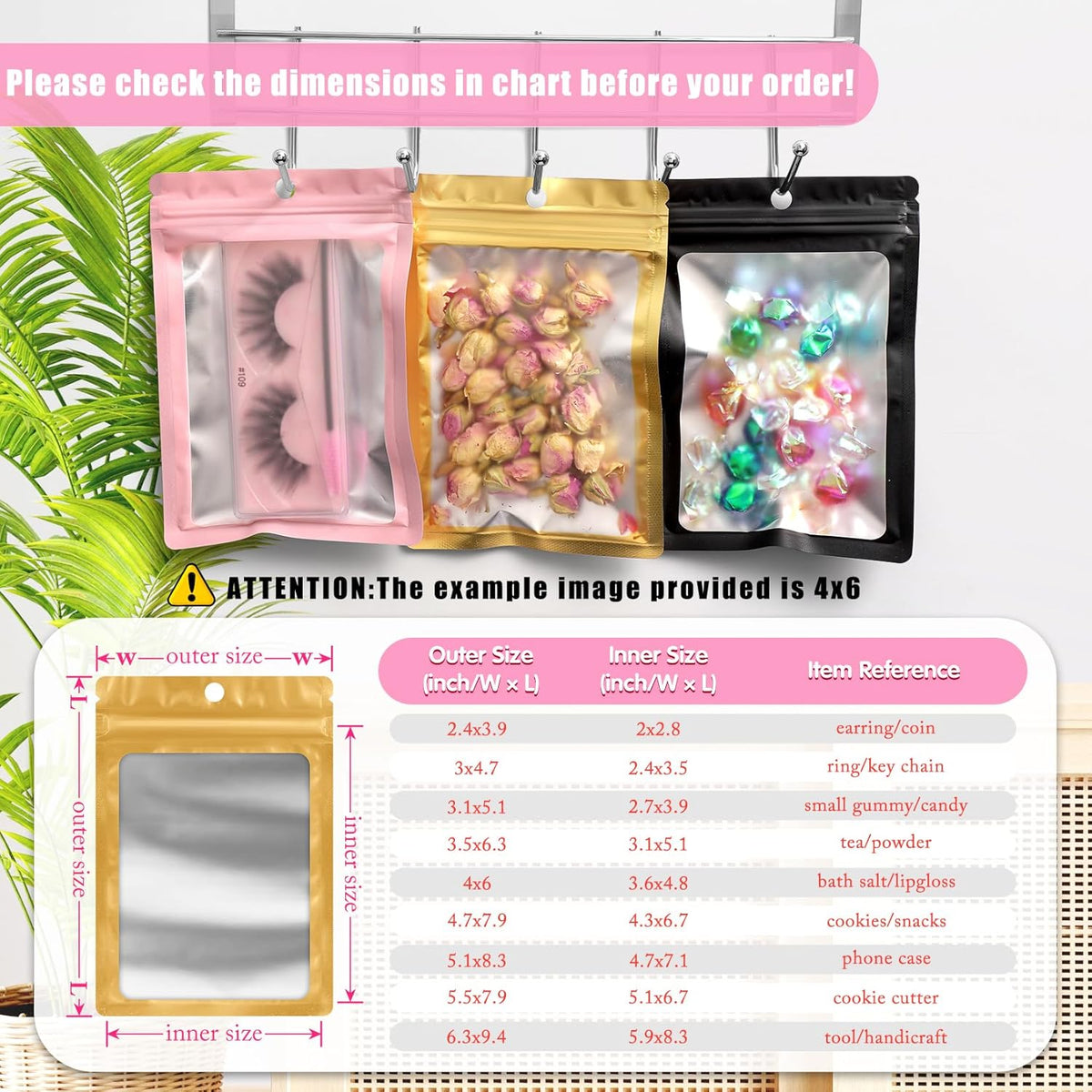 FUNFERY 100 Pack Mylar Resealable Bags Foil Packaging Bags with Clear Window,Zipper Pouch Smell Proof Bag for Food Storage,Cookies,Sample,Small Business(Gold,4.7x7inch)