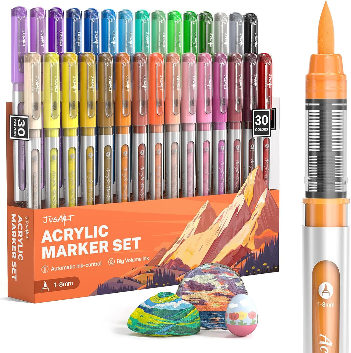 JusArt Acrylic Paint Markers Brush Tip 30 Colors for School Art, Water-Based No-Bleed Markers with Automatic Ink Control, Waterproof Acrylic Paint Pens for Rock, Egg, Wood, Fabric, Glass, DIY Crafts