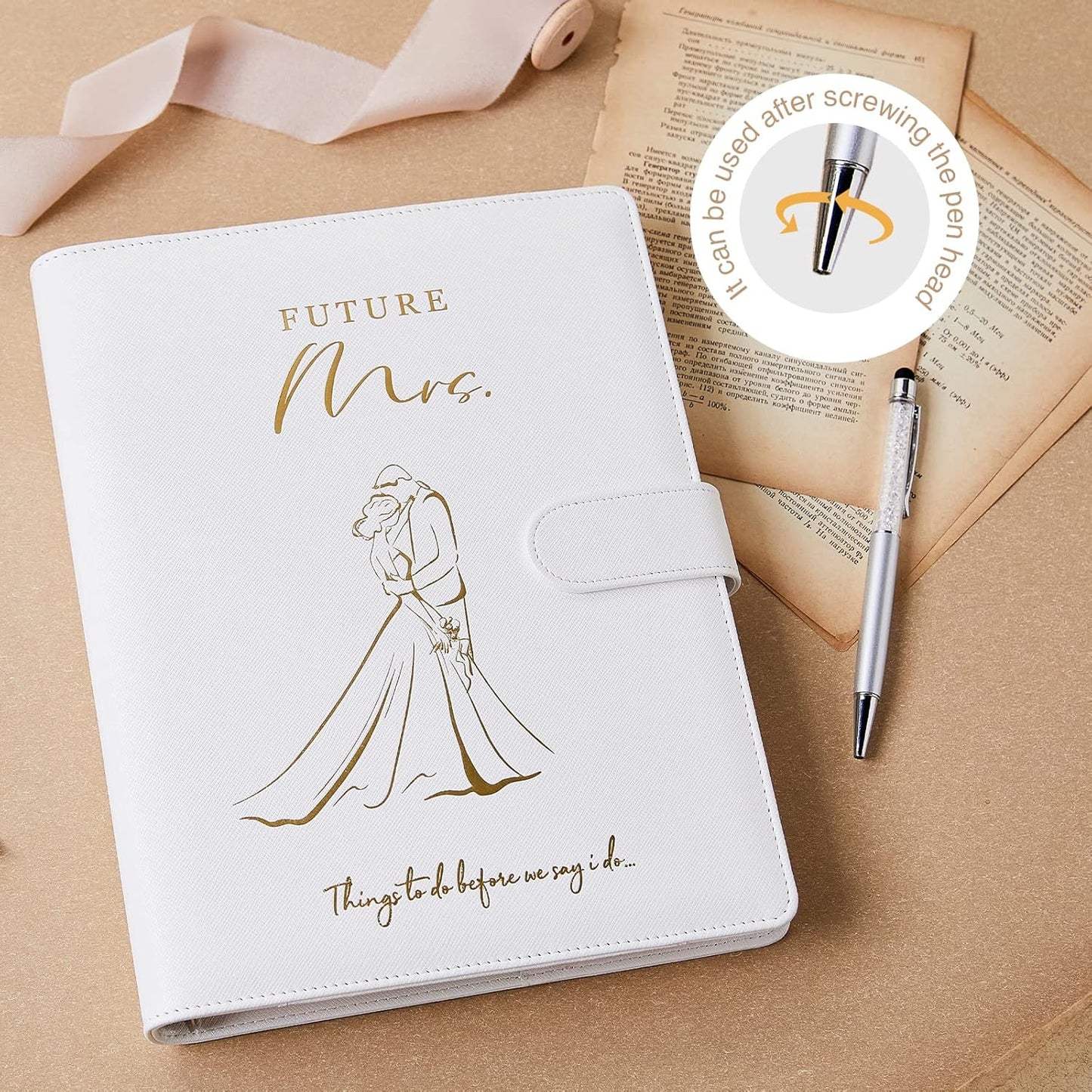 AW BRIDAL Best Engagement Gifts For Her Bride To Be Gifts∣Future Mrs Leather Wedding Planner Book And Organizer For The Bride Wedding Planning Notebook Budget Planner Binder, 140 Pages, White