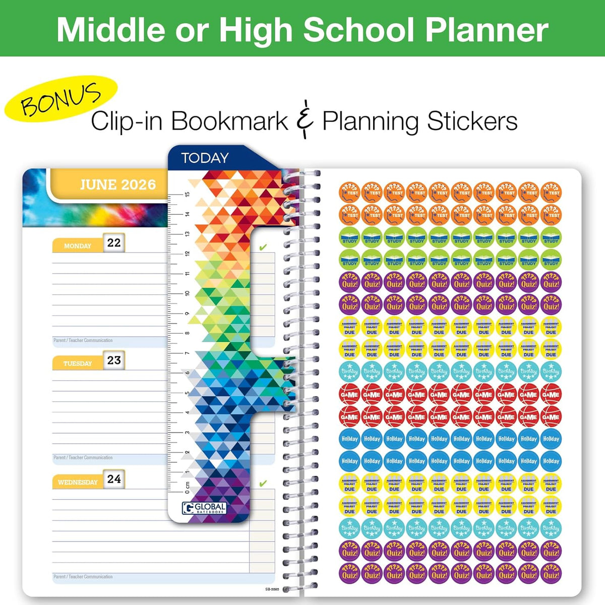 Global Datebooks Dated Middle School or High School Student Planner for Academic Year 2025-2026 Includes Ruler/Bookmark and Planning Stickers (Block Style - 5.5"x8.5" - Kraft Doodles)