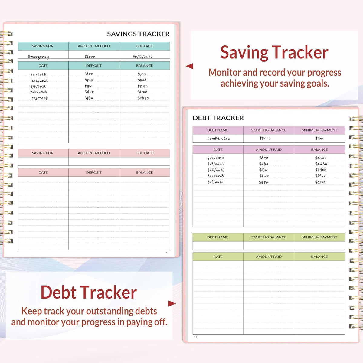 SUNEE Budget Planner - Monthly Budget Book with Expense Tracker Notebook, Undated 12 Month Bill Organizer & Finance Planner to Manage Your Money, A5(6.4" x 8.3") Account Book with Colorful Tab, Pink