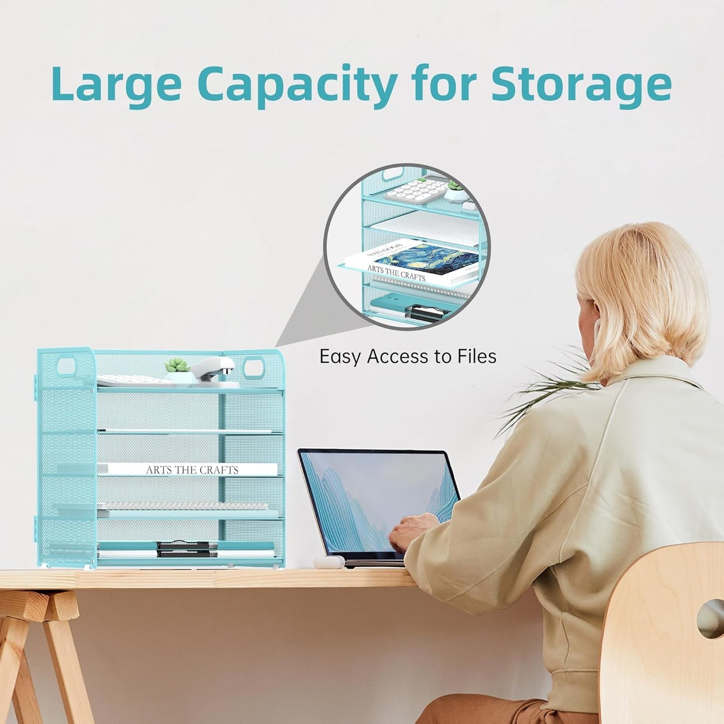 2 Pack 5-Tier Blue Desk Organizer with Handle Mesh Desk File/Paper Organizer Letter Tray for Office, School and Home Easy Installation