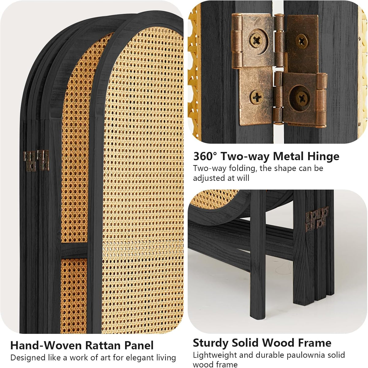 5.9 Ft Tall Rattan Room Divider 6 Panels, Wood Room Divider Panel, Folding Screen Divider Wall, Folding Privacy Screen, Portable Wall Divider for Room Separation Home Office - Black