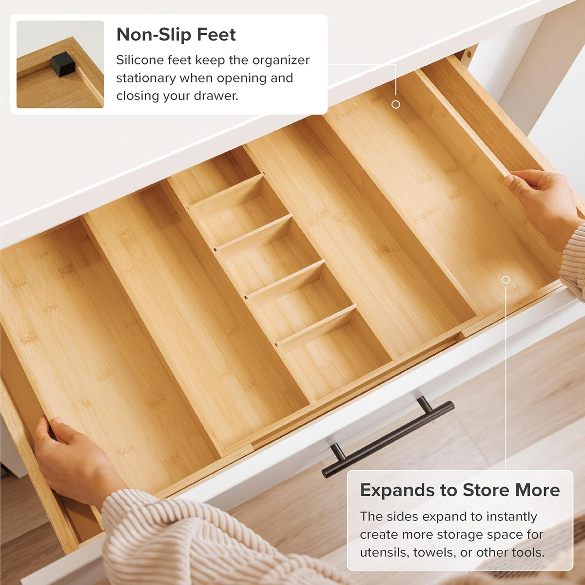 Adjustable Kitchen Drawer Organizer for Utensils and Junk, Food-Safe Contract Grade with 100% Sustainable Wood, Expandable from 16 to 28 Inches Wide - Natural Bamboo