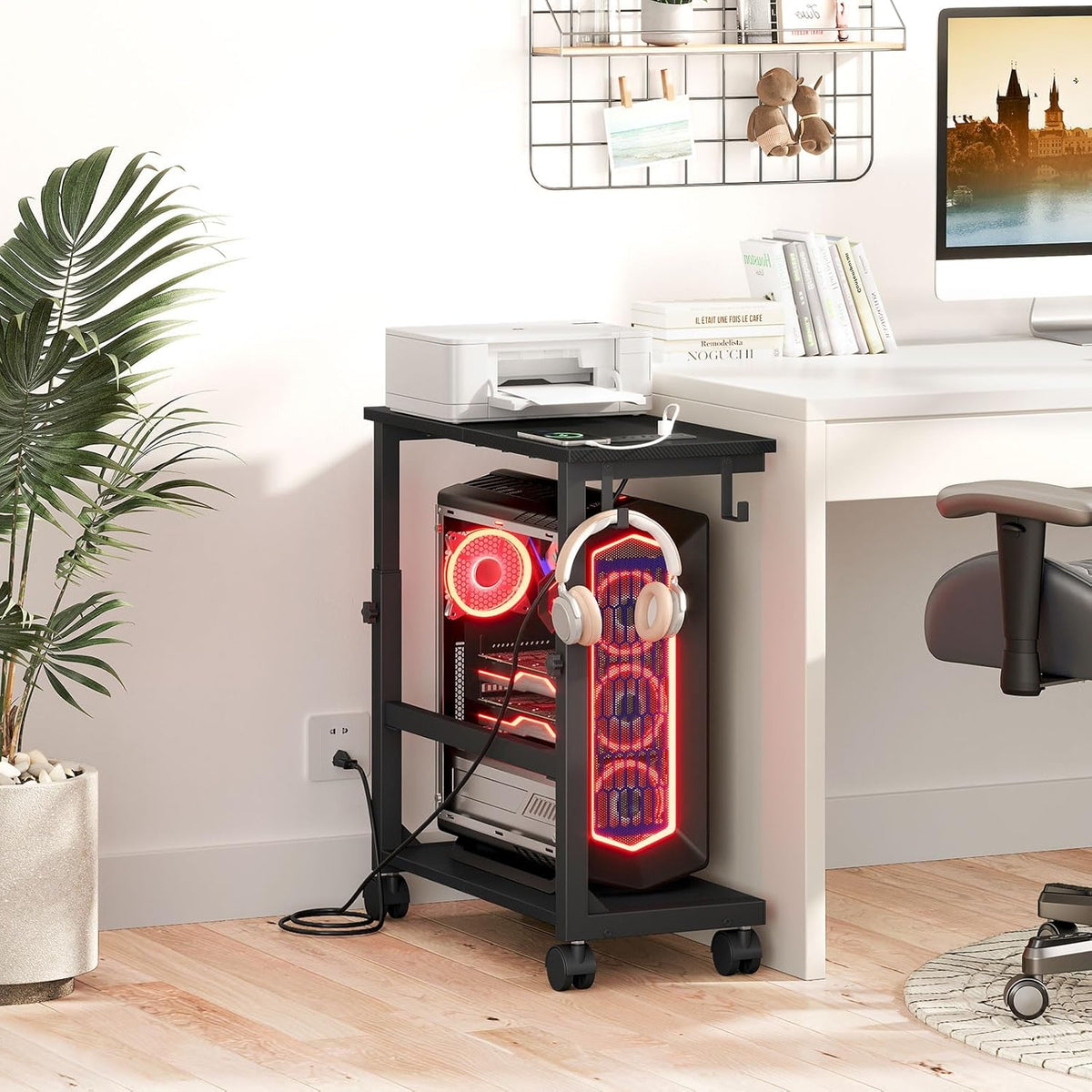 Snughome Computer Tower Stand with Charging Station, 25.0-32.1 Inches Height Adjustable PC Tower Stand for Floor, Mobile PC Holder with Wheels Computer Cart for Home Office