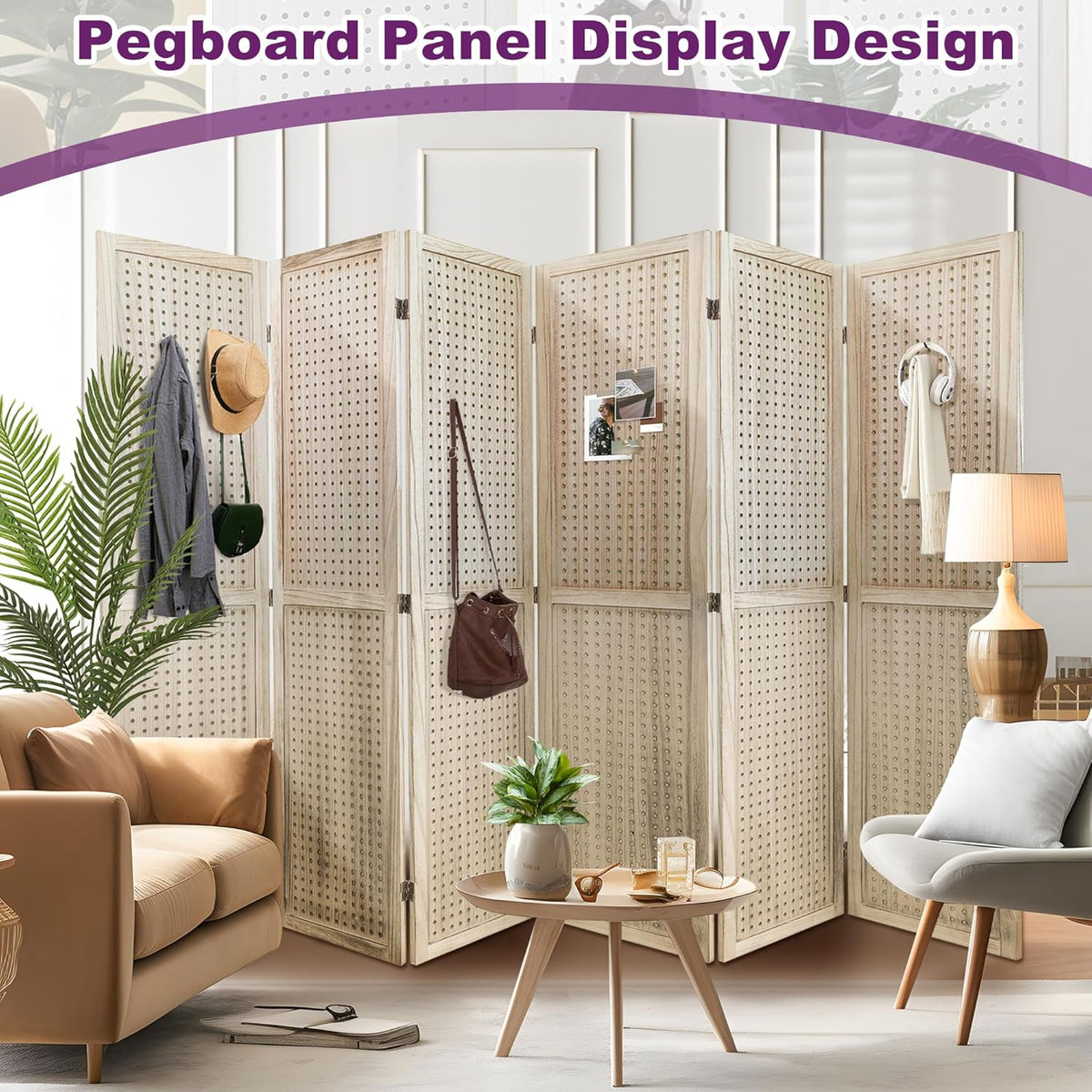 Room Divider, 5.6FT Folding Room Divider Panel, 6 Panel Pegboard Display Wood Partition Wall Divider for Room Separation& Craft Shows, Natural Wood