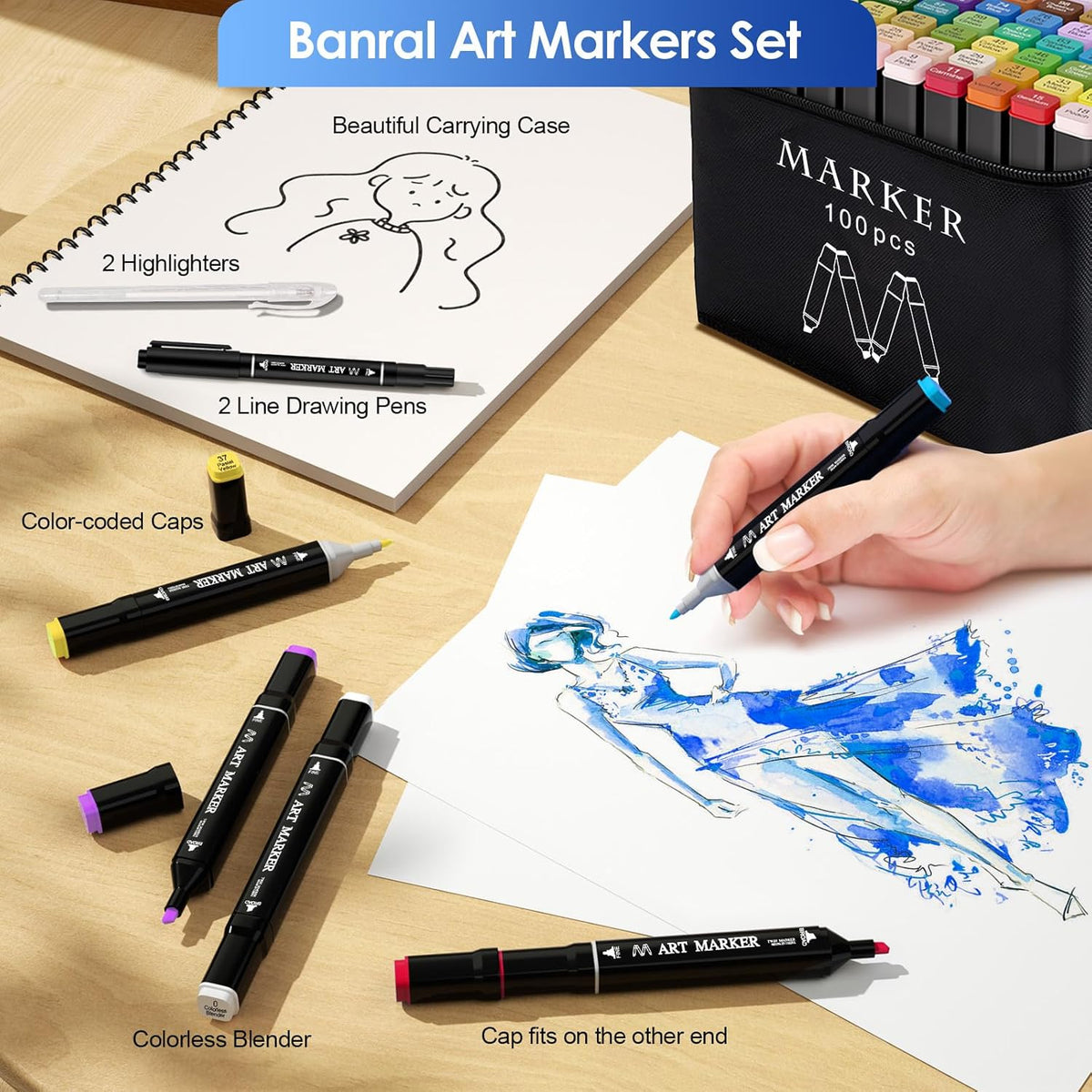Banral Alcohol Markers Set, 100 Colors Dual Tip Alcohol Based Art Marker for Artists, Permanent Drawing Pens for Adult Coloring Sketching Illustration with Case and Holders