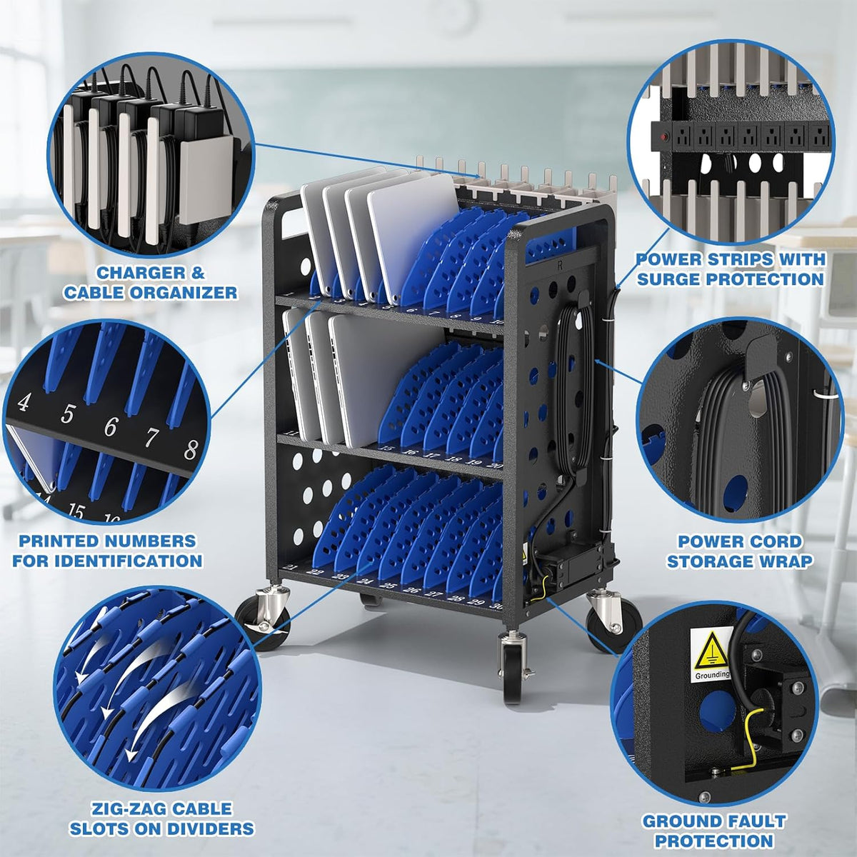 30 Unit Mobile Charging Cart - Open Charging Station Rack for iPad, Chromebooks, Tablets 14inch -  Tablet Organizer Station for Classroom - Laptop Storage Cart with Cable and Charger Organization