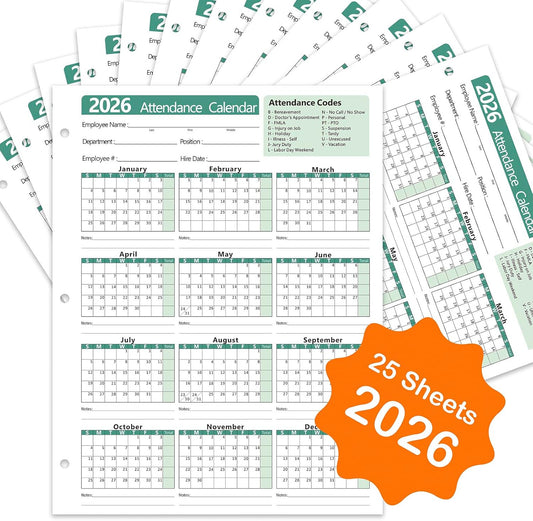 2026 Attendance Calendar - Record Employee Work Tracker Attendance Cards - Each Sheet 8.5 X 11 100lb CardStock Paper Make (25 Sheets -Green)