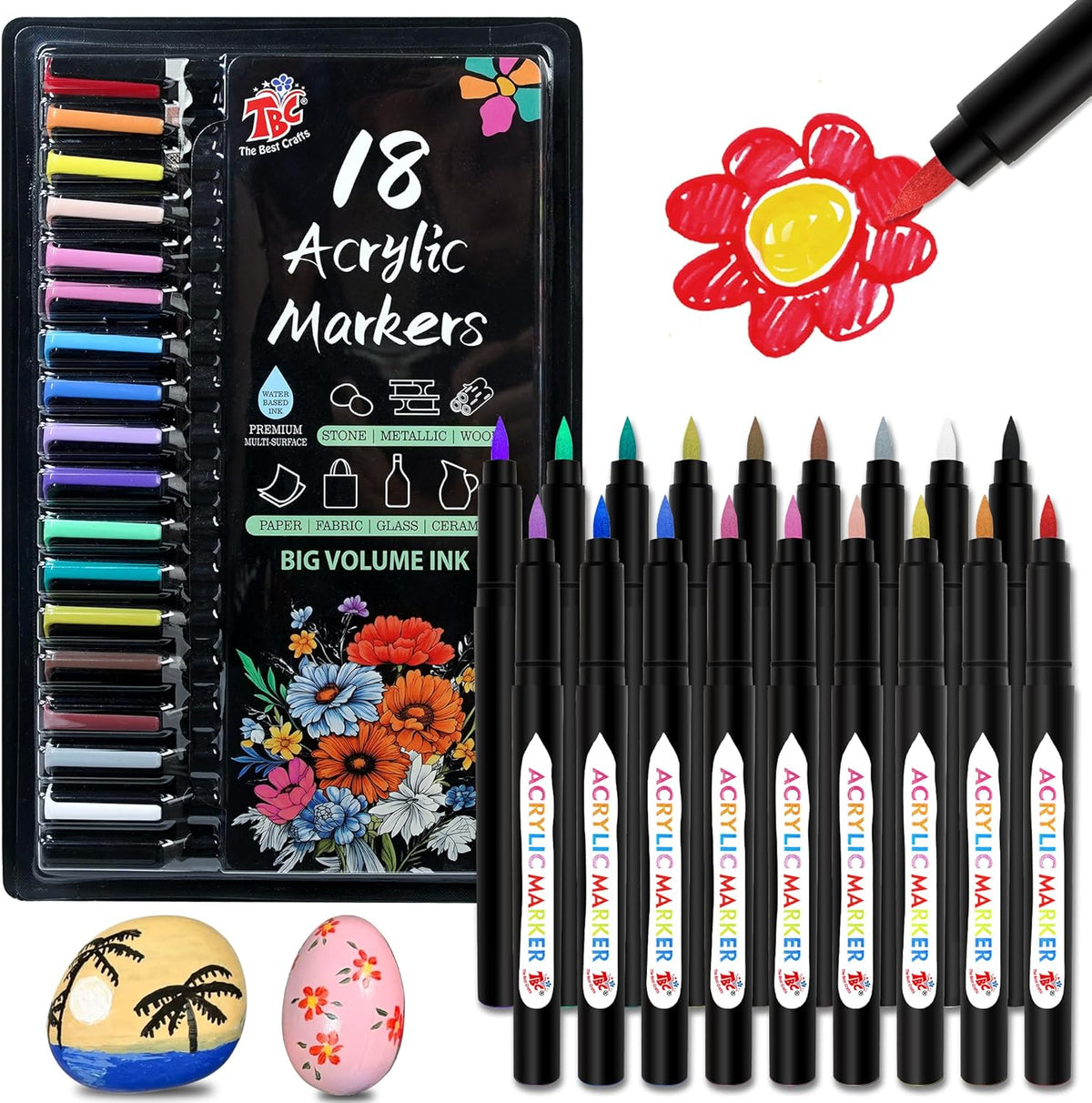 TBC The Best Crafts Acrylic Paint Markers, Big Volume Ink,Waterproof, Non-Toxic, odorless, Suitable for Paper, Pottery, Stones, Backpacks, Glass, Pack of 18