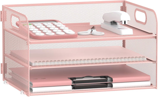 SUPEASY 3 Tier Paper Organizer with Handle, Mesh Desk Organizer Letter Tray, A4 File Folder Paper Tray, Pink