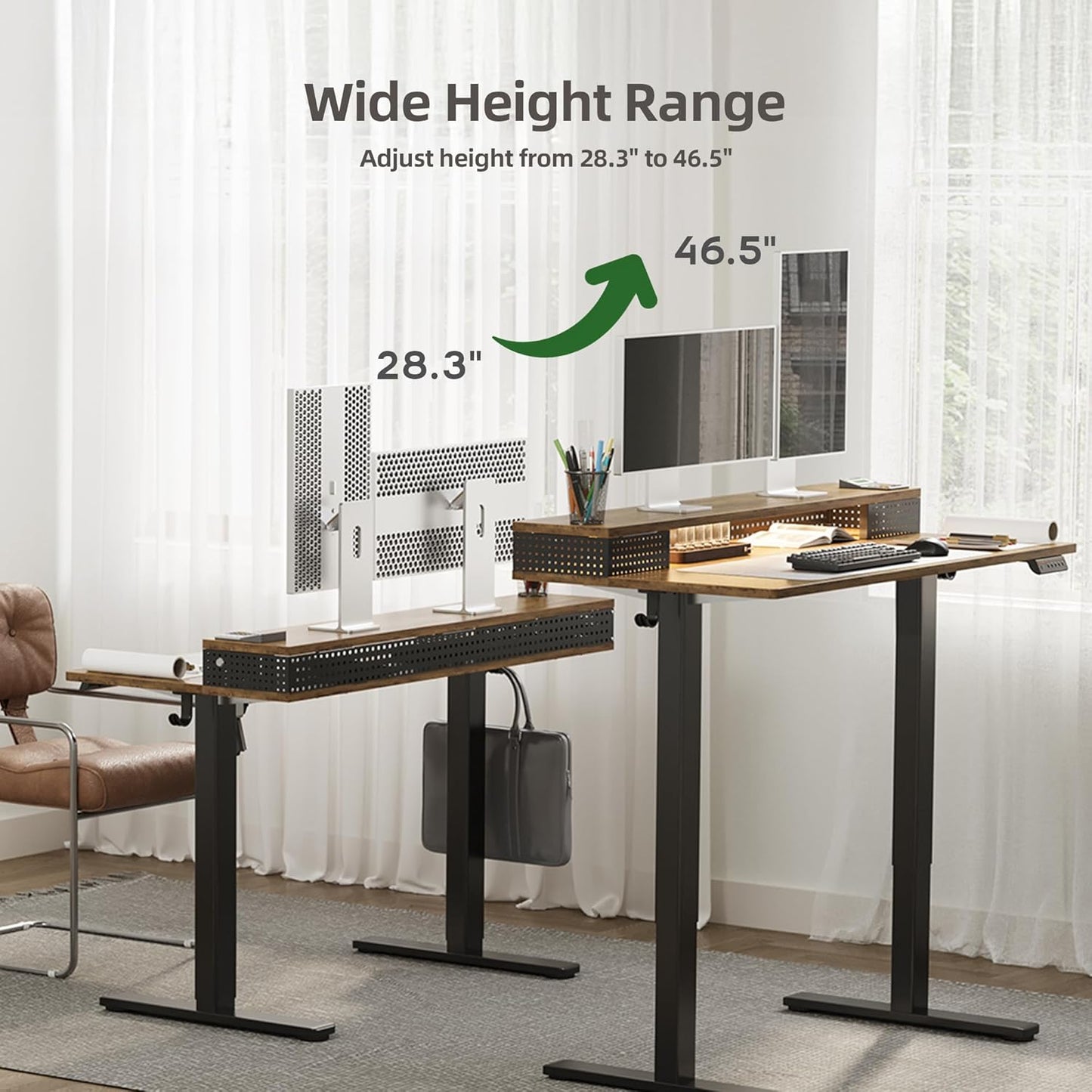 Claiks Electric Standing Desk with Shelf, 48 Inch Height Adjustable Standing Desk with LED Lights & Monitor Stand, Black Frame/Rustic Brown Top